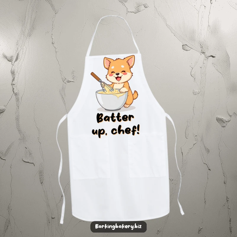 Funny dog apron with a design of an energetic dog holding a large whisk, mixing batter in a bowl, a baker's protective partner.