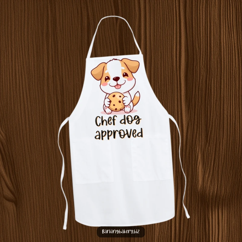 Funny dog apron, a proud dog offers a perfect cookie with a happy smile, great for kitchen protection and baking fun.
