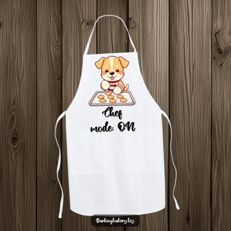 Funny dog apron with a design of a dog wearing oven mitts, carefully arranging cookies on a baking sheet, a baker's best friend.