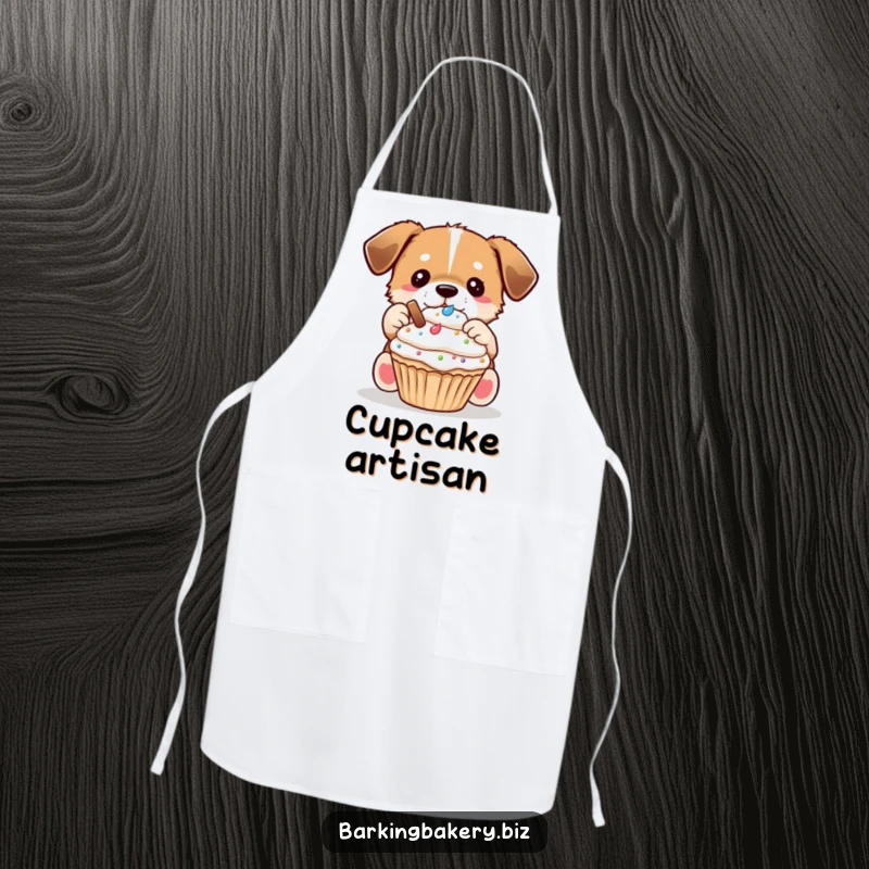 Funny Dog Decorator Apron: A dog carefully places toppings on a cupcake, keeping bakers clean and amused.