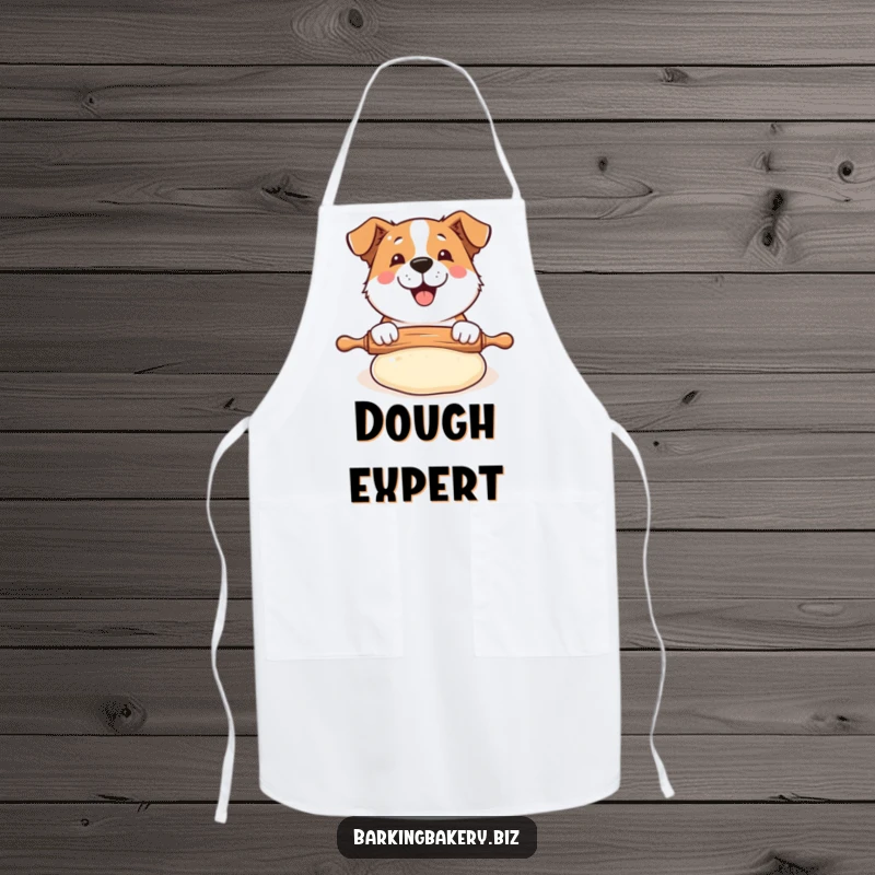 Funny Dog Baker Apron: A happy dog uses a rolling pin on puffed dough, keeping bakers clean and amused.