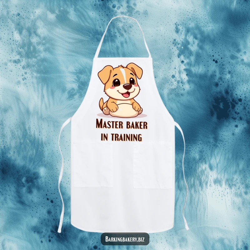 Funny Apron: A dog with a flour-covered nose happily shaping dough, designed for kitchen protection and humorous culinary adventures.