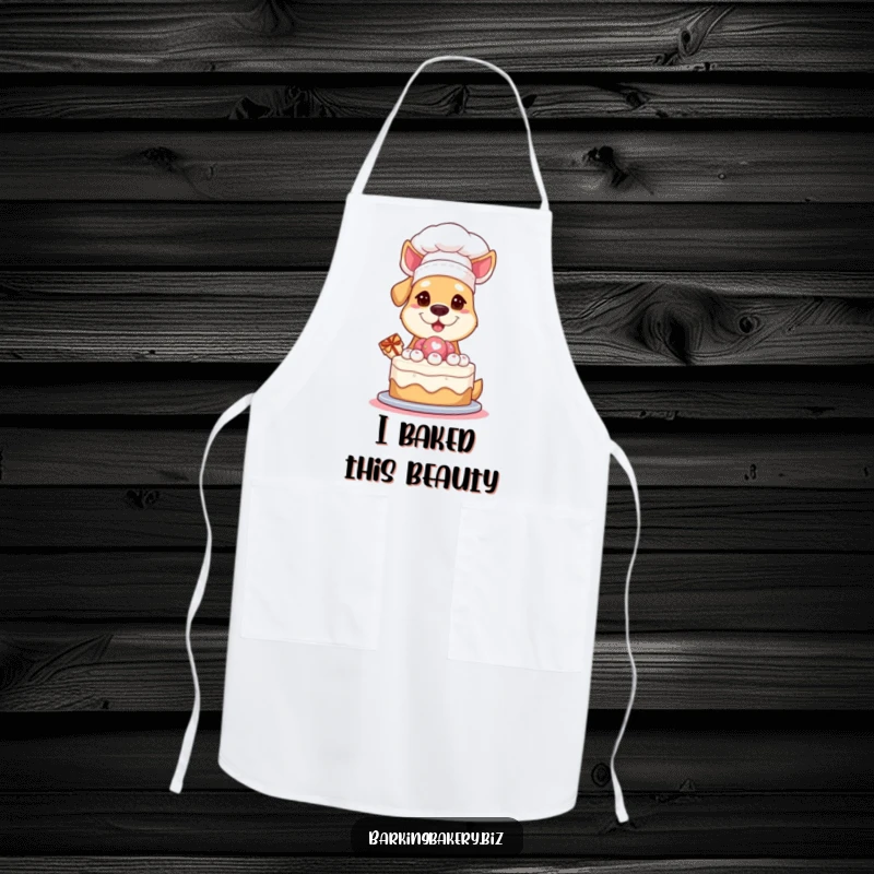 Funny Apron: A dog in a chef hat proudly presents a cake, designed for kitchen protection and adding humorous flair.