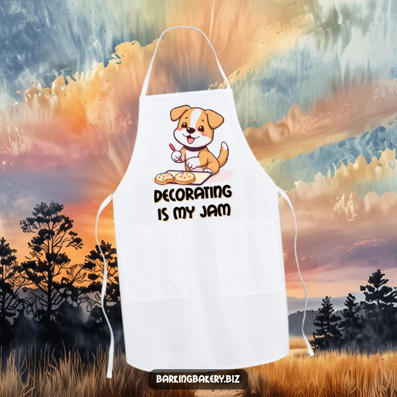 Funny Apron: A dog wagging its tail happily decorates cookies with sprinkles, designed for kitchen protection and humorous baking fun.