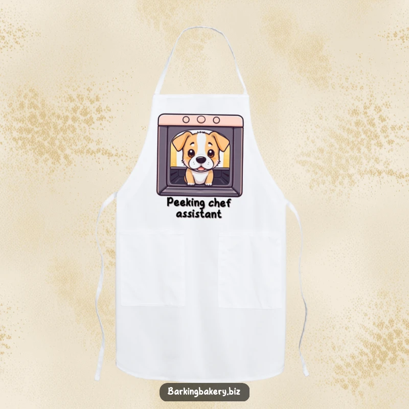 Funny Apron: A dog peeks into an oven with curious eyes, designed for kitchen protection and humorous baking fun.