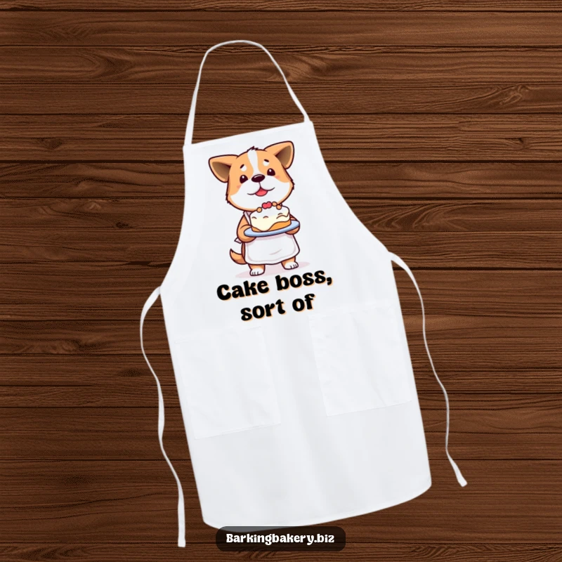 Funny Determined Dog Apron: A proud dog presents a slightly lopsided cake, perfect for passionate bakers.
