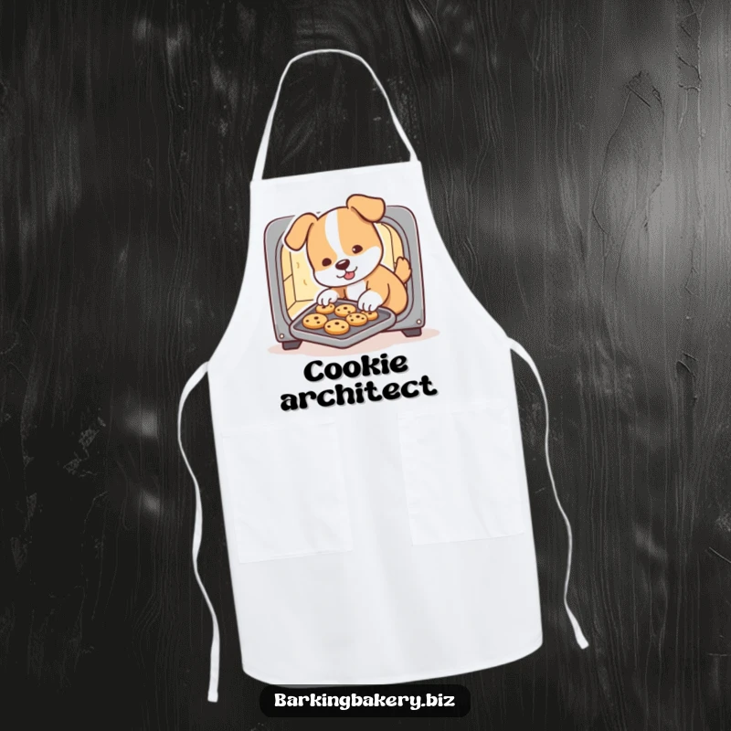 Funny dog apron, a cute puppy chef slides a tray of cookies from a miniature oven, perfect for kitchen protection and humorous cooking.
