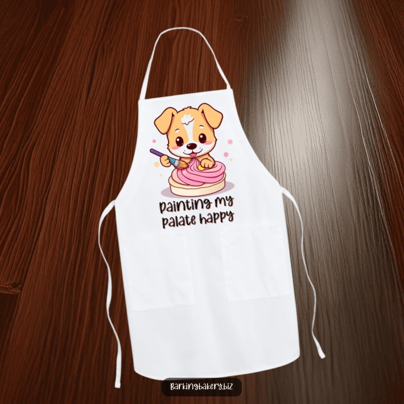 Funny dog apron featuring a cute pup artistically swirling colorful frosting with a paintbrush.