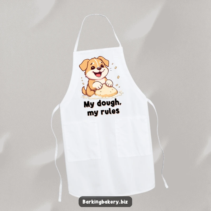 Funny dog apron featuring a dog enthusiastically kneading dough, creating a hilarious flour explosion.