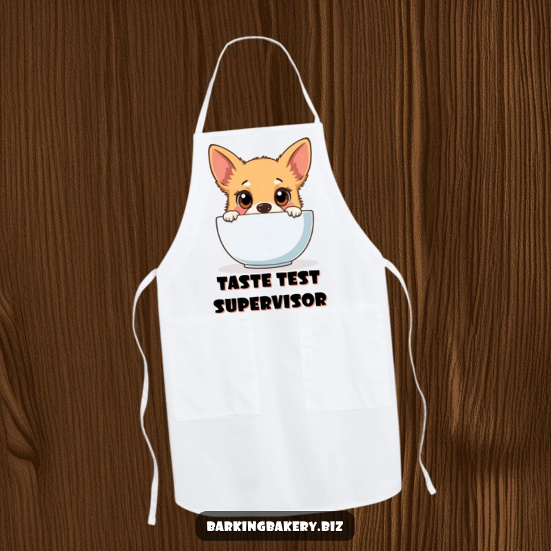 Funny dog apron showing a cute puppy ready to bake, peeking into a mixing bowl with a determined expression.
