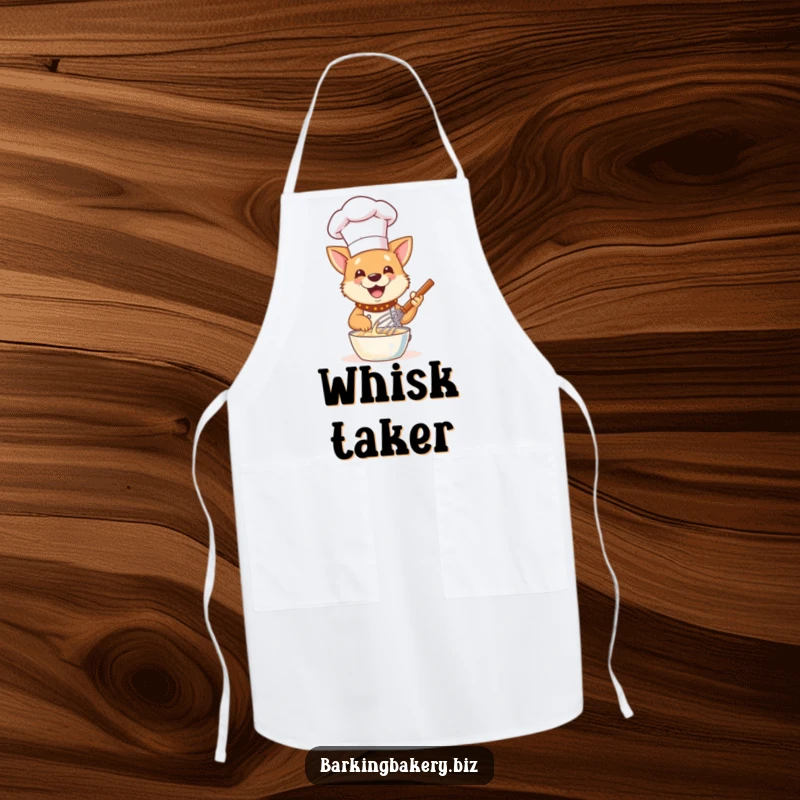 Funny Dog Chef Apron: A happy dog in a chef hat gleefully whisks batter, keeping bakers clean and amused.