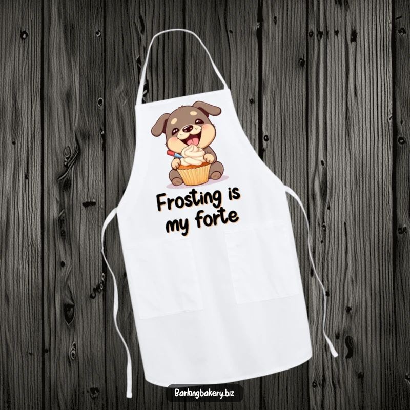 Funny dog apron with a design of a gleeful dog happily frosting a cupcake, a protective and amusing kitchen accessory.