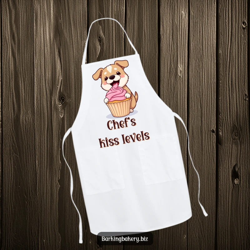 Funny dog apron showing a dog gleefully frosting a lopsided cupcake with a pink swirl, a baker's humorous protection.