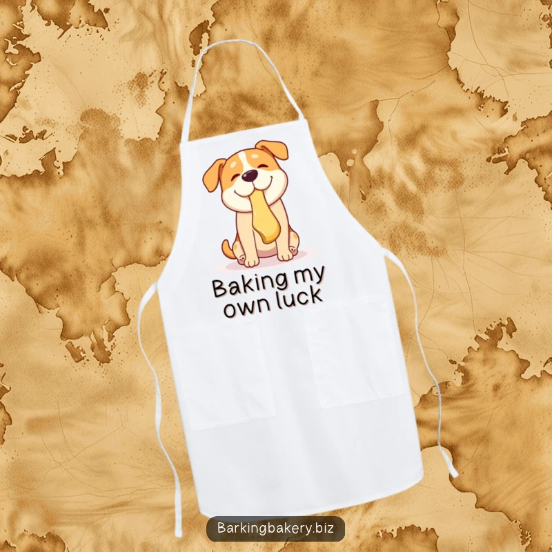 Funny dog apron depicting a joyous dog catching a falling pastry with its mouth, ready for some kitchen fun.