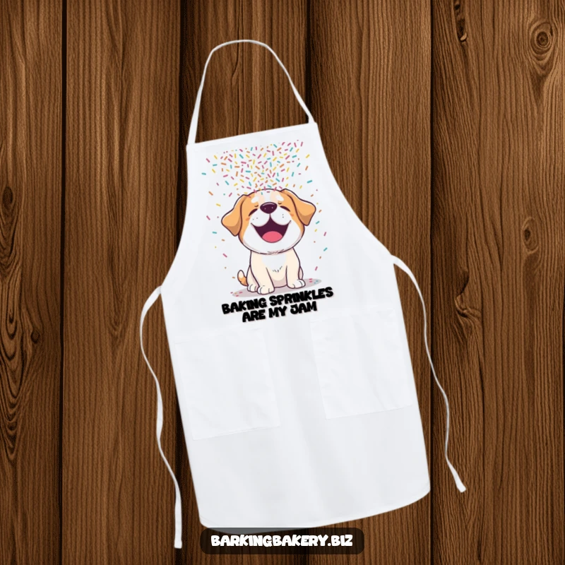 Funny dog apron with a giggling pup enjoying a messy, delightful shower of colorful sprinkles while looking quite pleased.