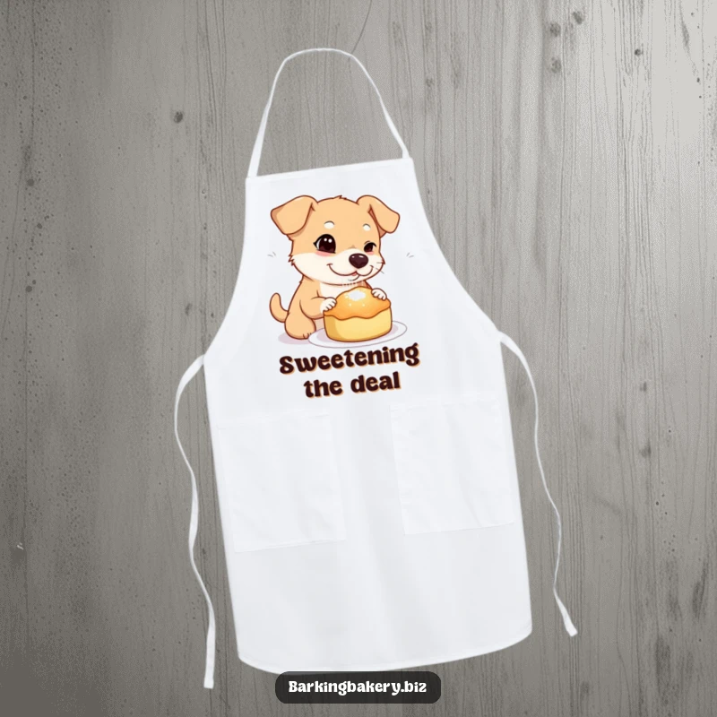 Funny dog apron showing a dog winking while sprinkling sugar onto a freshly baked treat, a master baker at work.