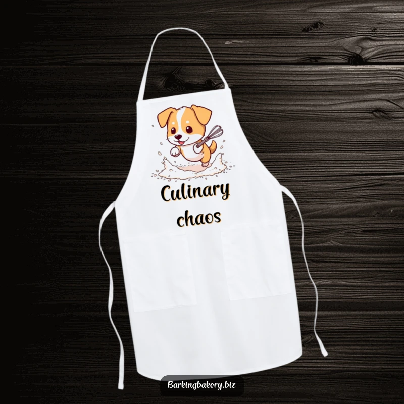Funny dog apron, a dog in scattered flour chases a dancing whisk, perfect for kitchen protection and humorous baking sessions.