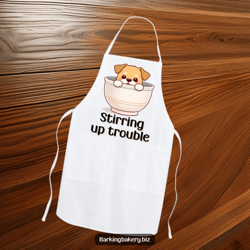Funny Apron: Dog peeks from a mixing bowl with a delighted expression, symbolizing culinary fun and surprises.