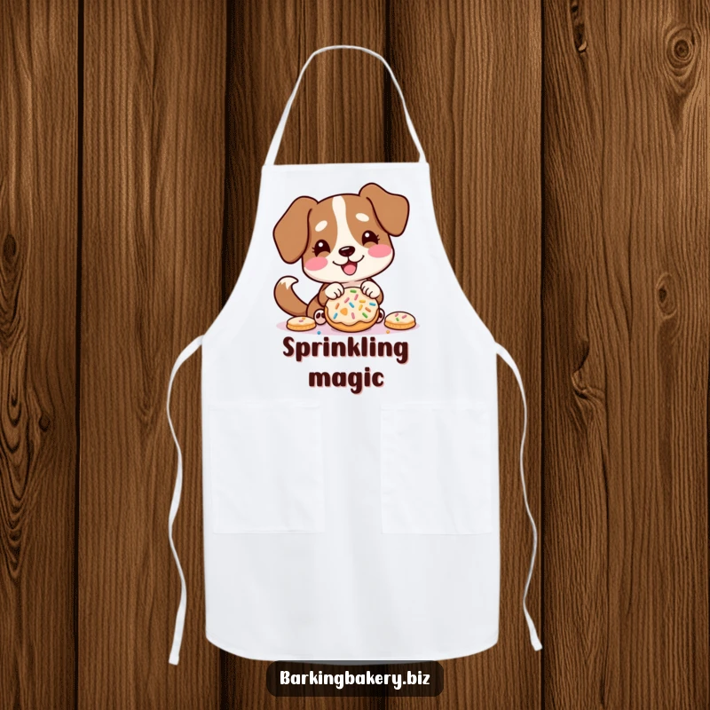 Funny apron showing a dog excitedly decorating a cookie with sprinkles, tail wagging happily.