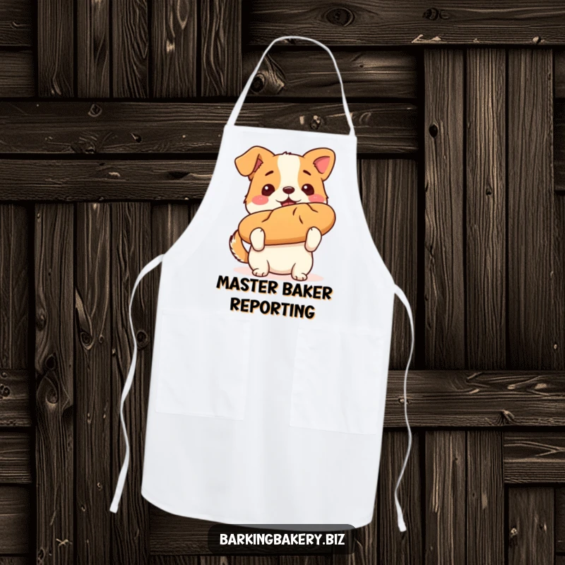 Funny dog apron showing a proud, happy puppy holding a perfectly baked loaf of bread, celebrating baking achievement.