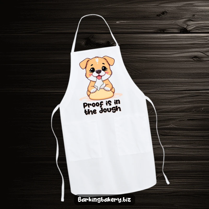 Funny dog apron showing a happy, flour-dusted puppy enthusiastically kneading dough, a protective and humorous kitchen accessory.