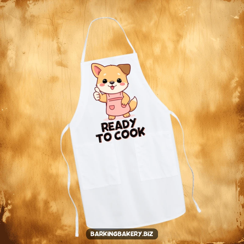 Funny dog apron showing a small puppy in an apron giving a confident thumbs up, ready for kitchen adventures.