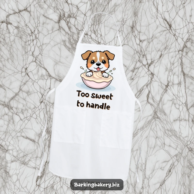 Funny apron for bakers featuring a happy dog gleefully splashing around in a big bowl of frosting.