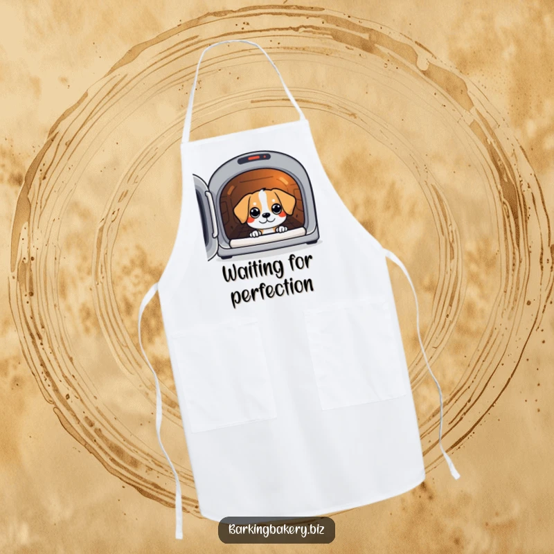 Funny apron showing a dog peeking with eager eyes into a warm oven, waiting for treats.