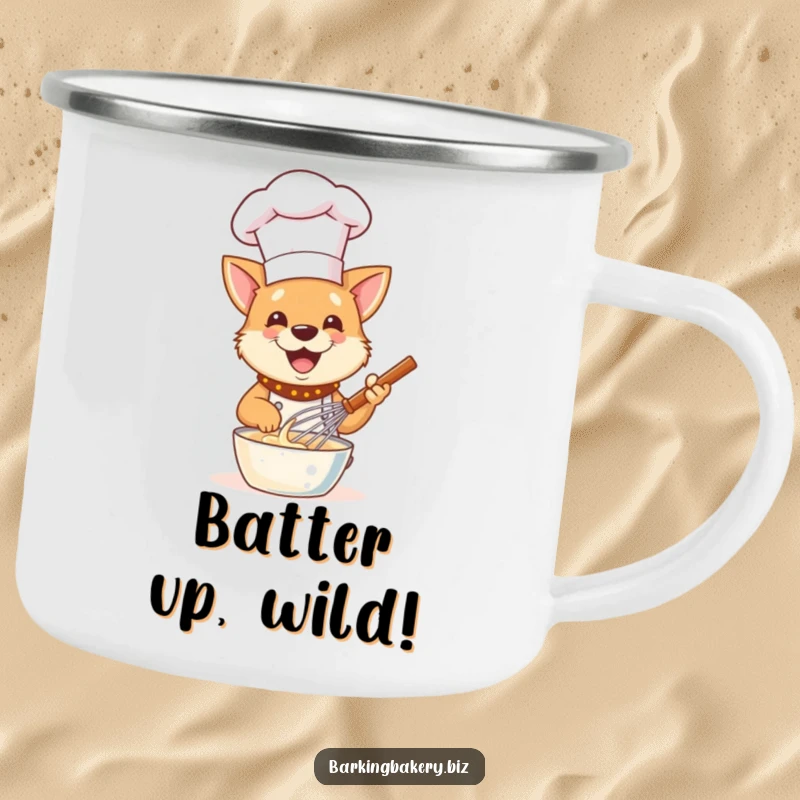 Funny Dog Chef Camping Mug: A happy dog chef gleefully whisks batter, perfect for outdoor baking enthusiasts.
