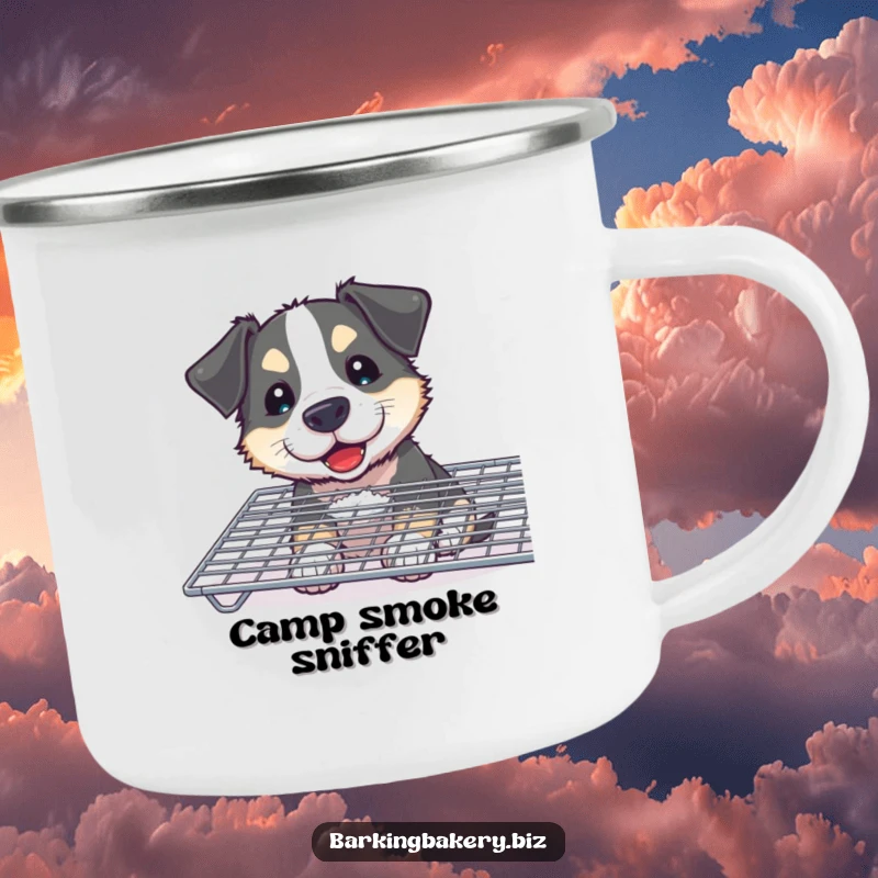 Funny Curious Dog Camping Mug: A flour-smudged dog joyfully sniffs a cooling rack, perfect for outdoor enjoyment and coffee.