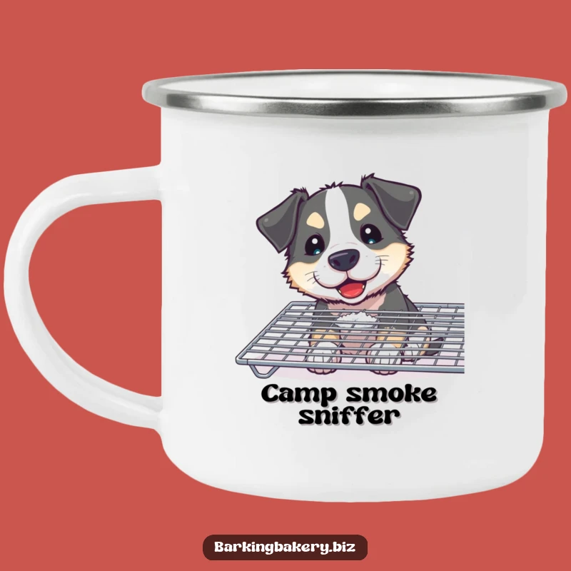 Funny Curious Dog Baker Camping Mug: Floury Pup Sniffing Treats, Durable Funny Gift for Outdoors
