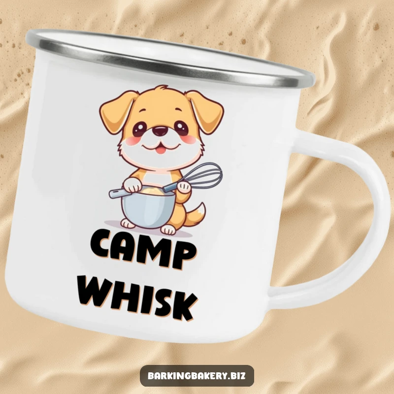 Funny enamel camping mug with a dog holding a whisk, ready to mix, ideal for outdoor baking adventures.