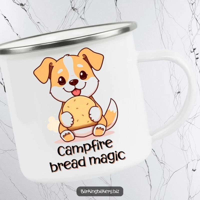 Funny camping mug with a proud dog presenting a freshly baked loaf of bread, designed for outdoor bakers.