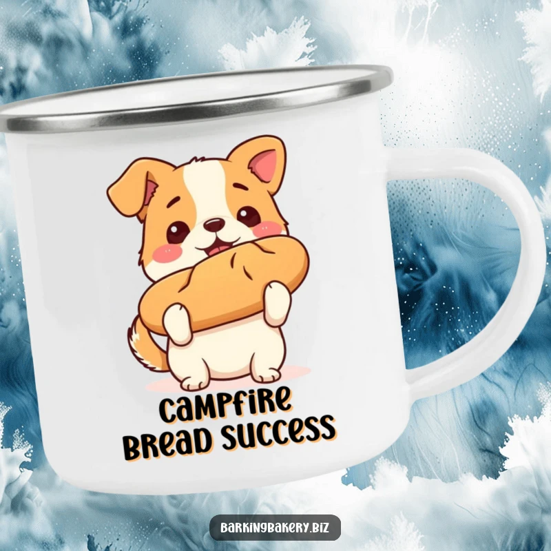 Funny dog camping mug showing a proud puppy holding a baked loaf of bread, celebrating baking outdoors.