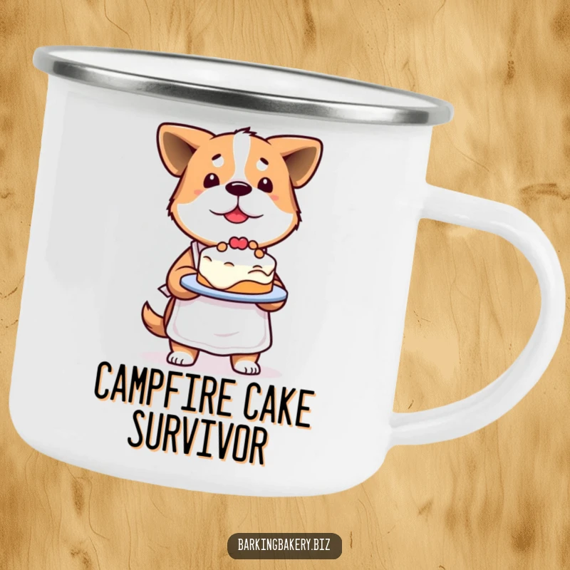 Funny Determined Dog Camping Mug: A proud dog presents a slightly lopsided cake, perfect for outdoor enjoyment and coffee.