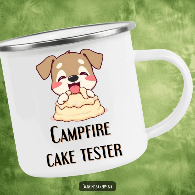 Funny Dog Camping Mug: A dog happily tasting cake batter with a wagging tail, ideal for outdoor fun. Gift idea.