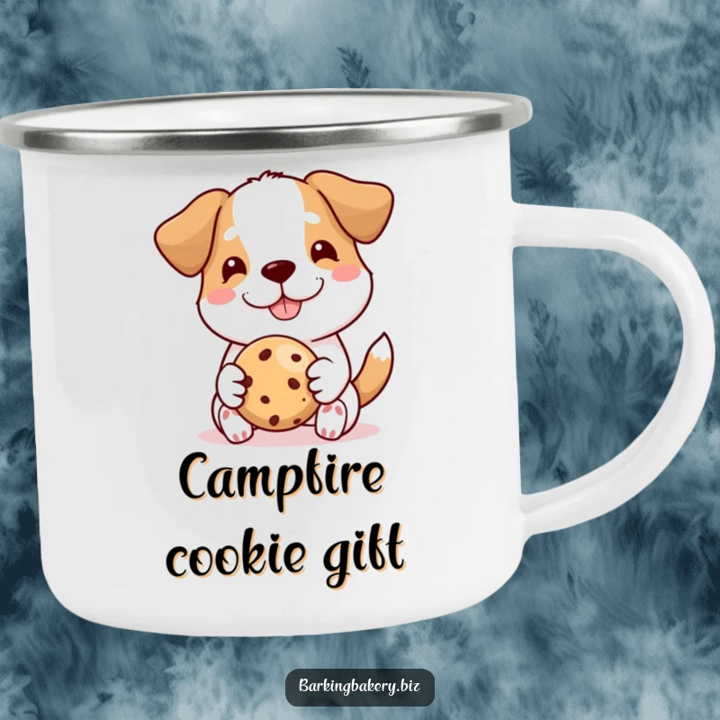 Funny dog camping mug, a proud dog offers a perfect cookie with a happy smile, great for outdoor drinks.