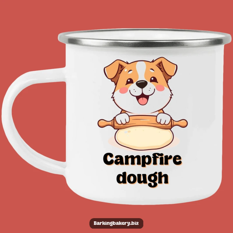 Funny Dog Baker Camping Mug: Rolling Dough Pup, Outdoor Baking Fun