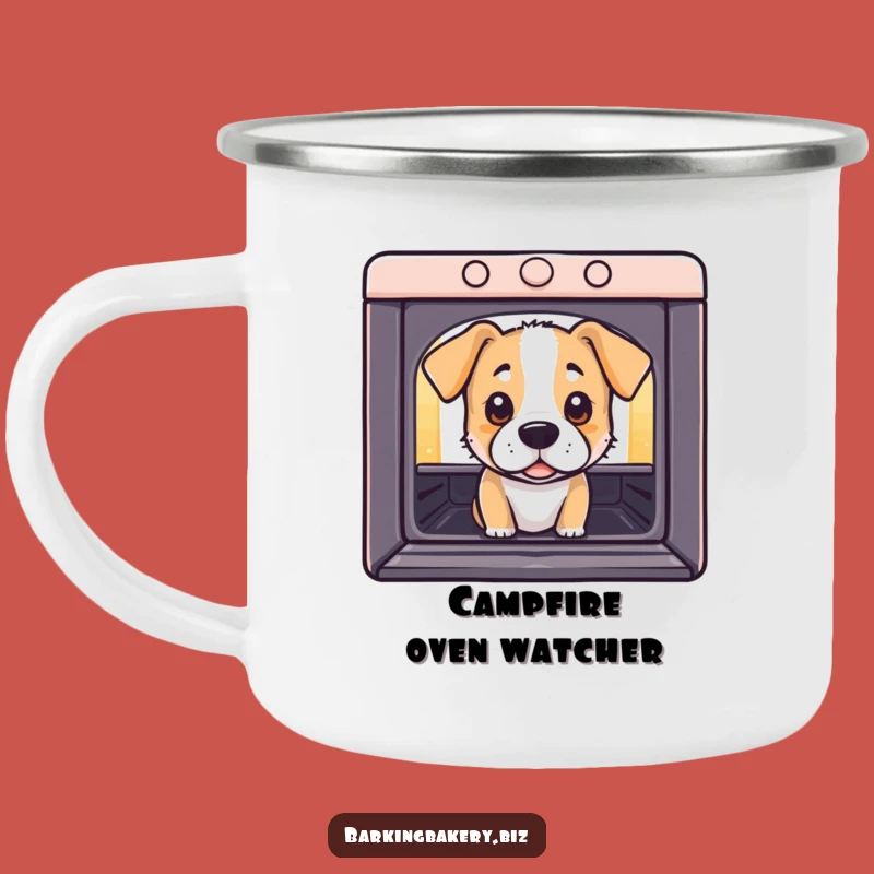 Funny Campfire Mug: Curious Dog Oven Peeking - Anticipation Outdoor Fun Gift
