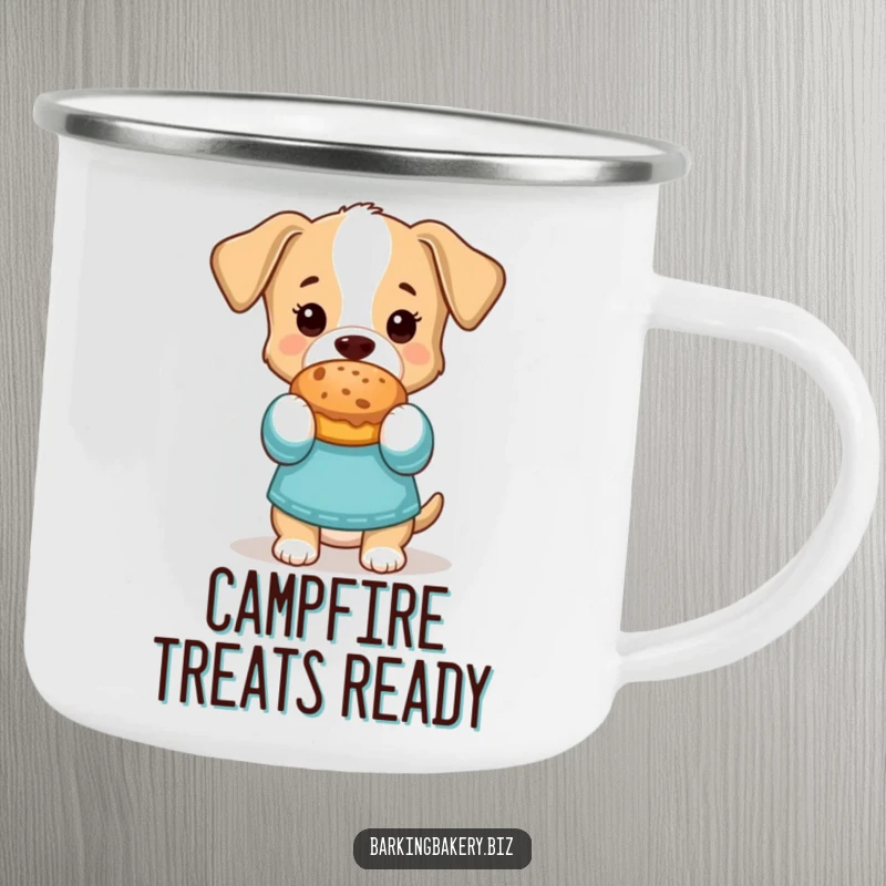 Funny Camping Mug: Dog in oven mitts holds a baked treat, ready for campfire treats and good times.