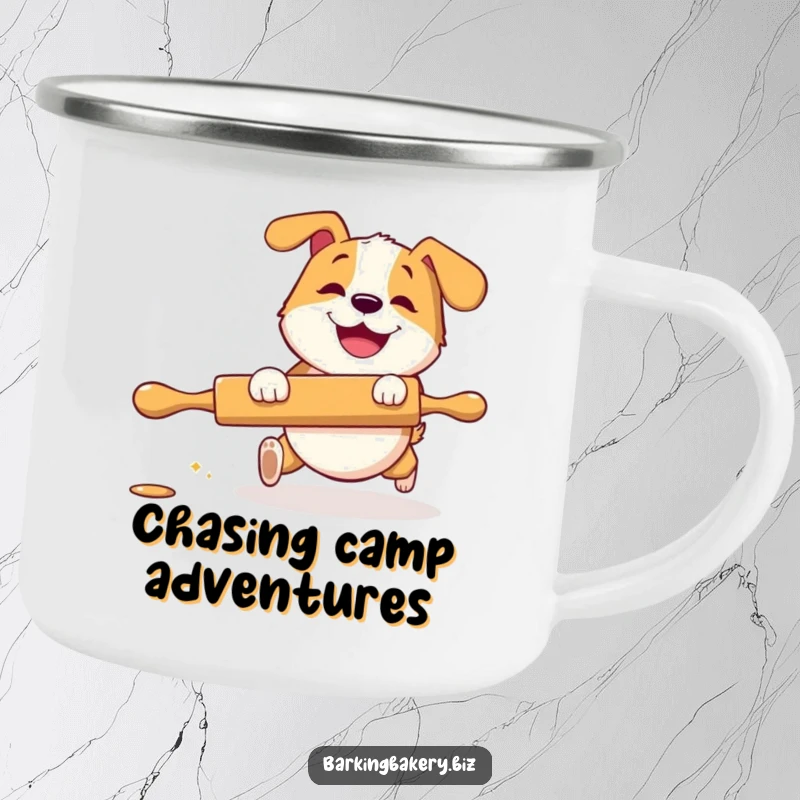 Funny Camping Mug: A dog with a grin playfully chases a rolling pin, perfect for enjoying beverages during outdoor adventures.