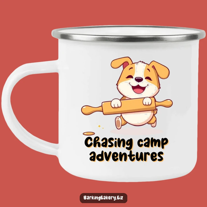 Funny Campfire Mug: Rolling Pin Dog Grinning Playfully - Outdoor Baking Fun Gift