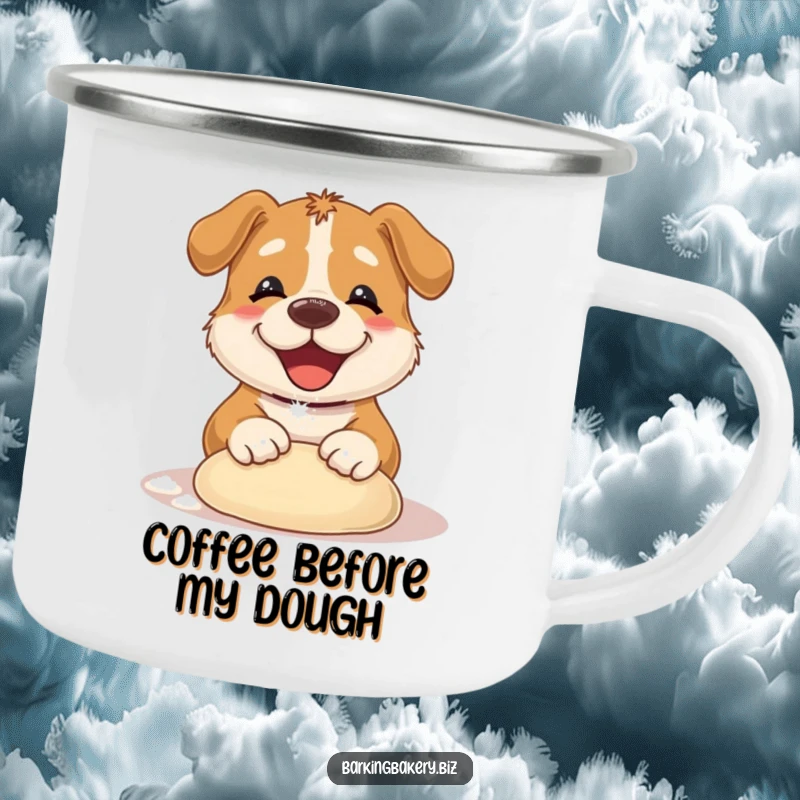 Funny Dog Camping Mug: A cute dog with flour on its nose kneading dough, perfect for outdoor use. Gift idea.