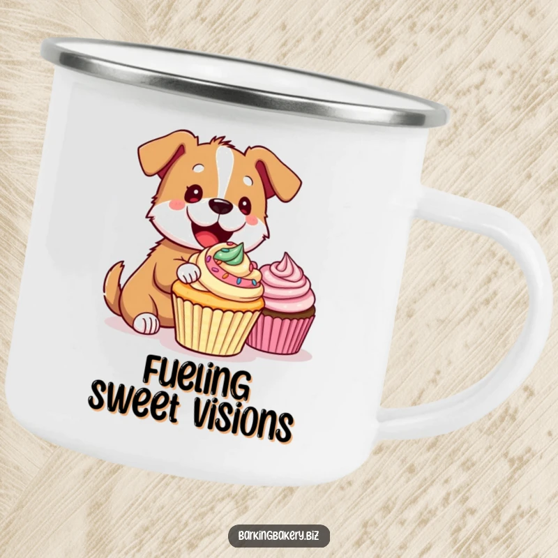 Funny Camping Mug: A dog gleefully decorates a cupcake, ready for outdoor adventures and a good laugh.