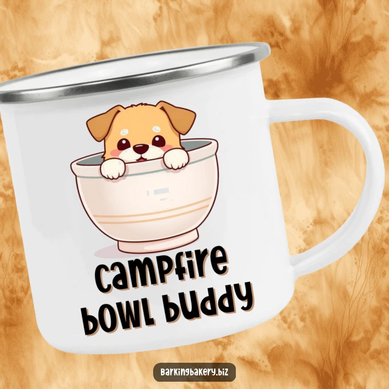 Funny Camping Mug: Dog peeks from a mixing bowl with a delighted expression, ready for outdoor fun.