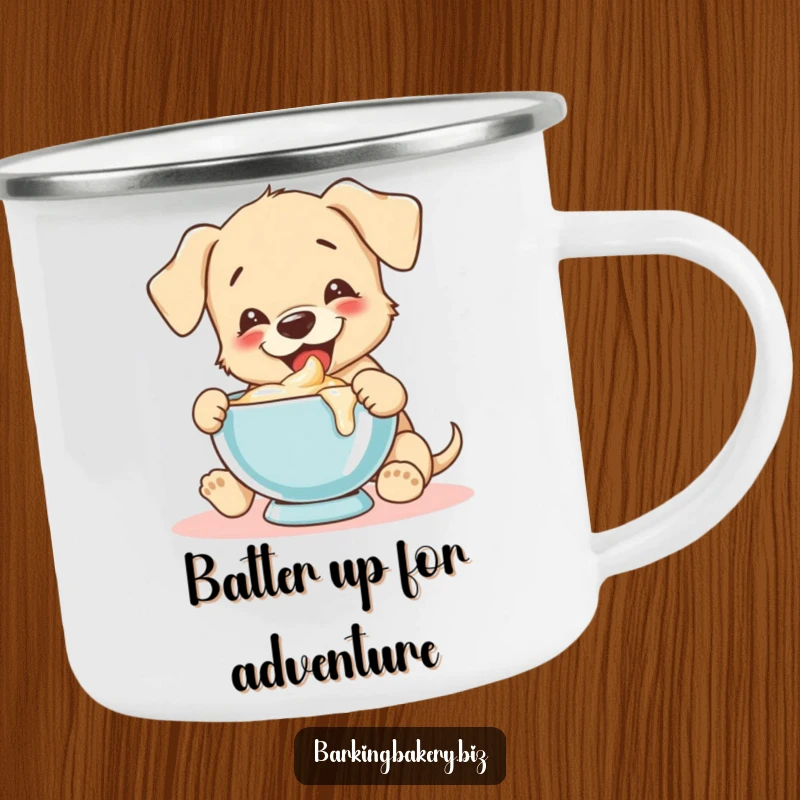 Funny puppy joyfully tastes batter from a mixing bowl, perfect for a durable and funny camping mug.