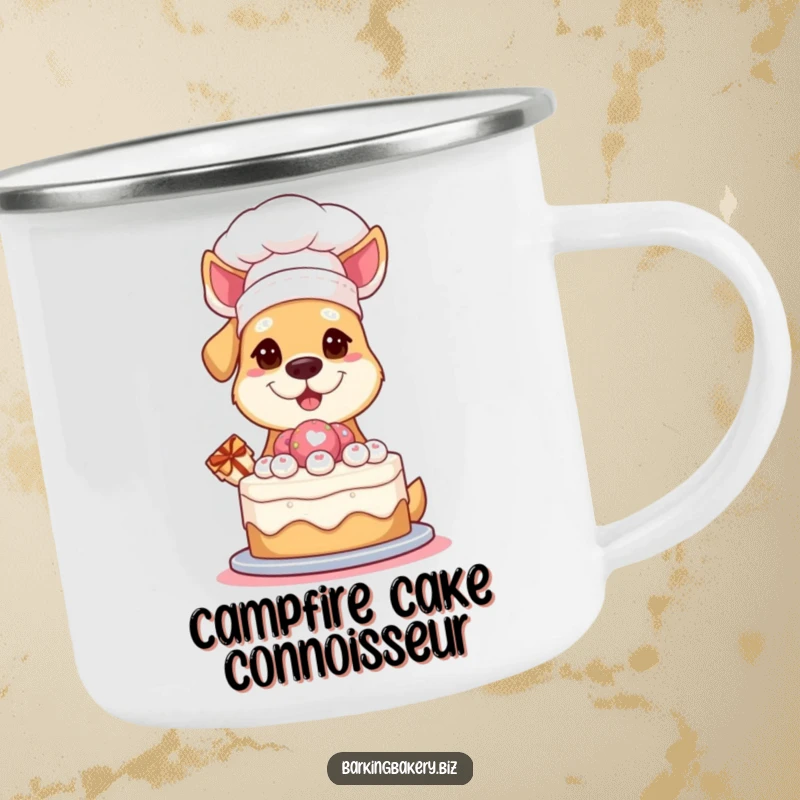 Funny Camping Mug: A dog in a chef hat proudly presents a cake, perfect for enjoying beverages during outdoor adventures.