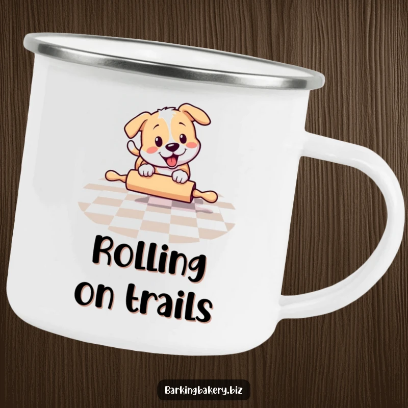 Funny dog chasing a rolling pin, a durable camping mug, ideal funny gift for outdoor lovers.