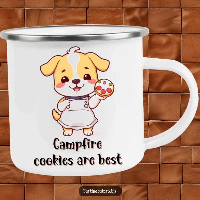 Funny dog in apron proudly displays a decorated cookie, perfect for a durable and funny camping mug.
