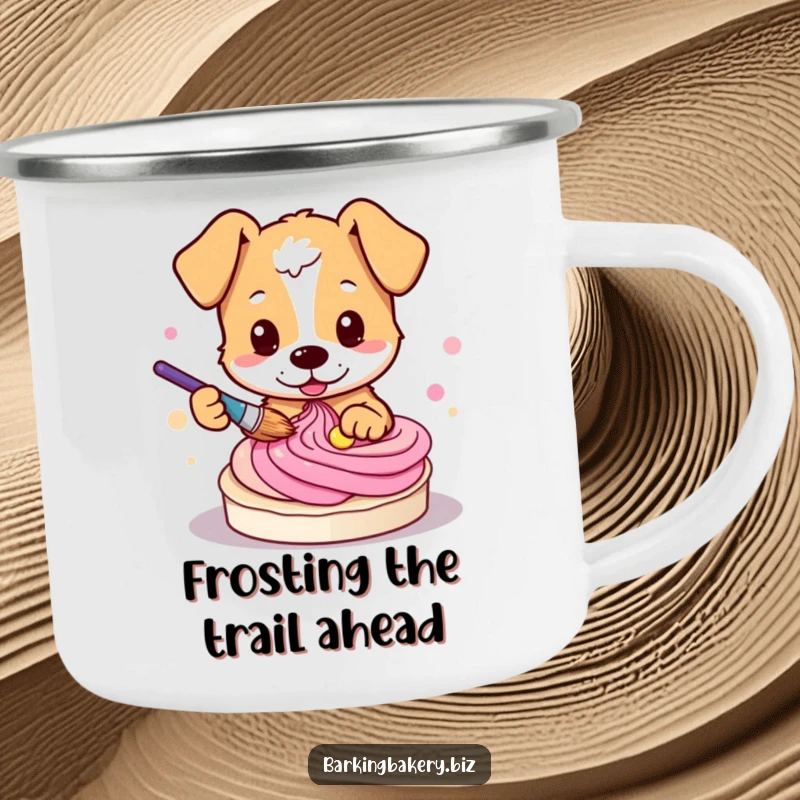 Funny dog camping mug showing a cute pup artistically swirling colorful frosting with a paintbrush.